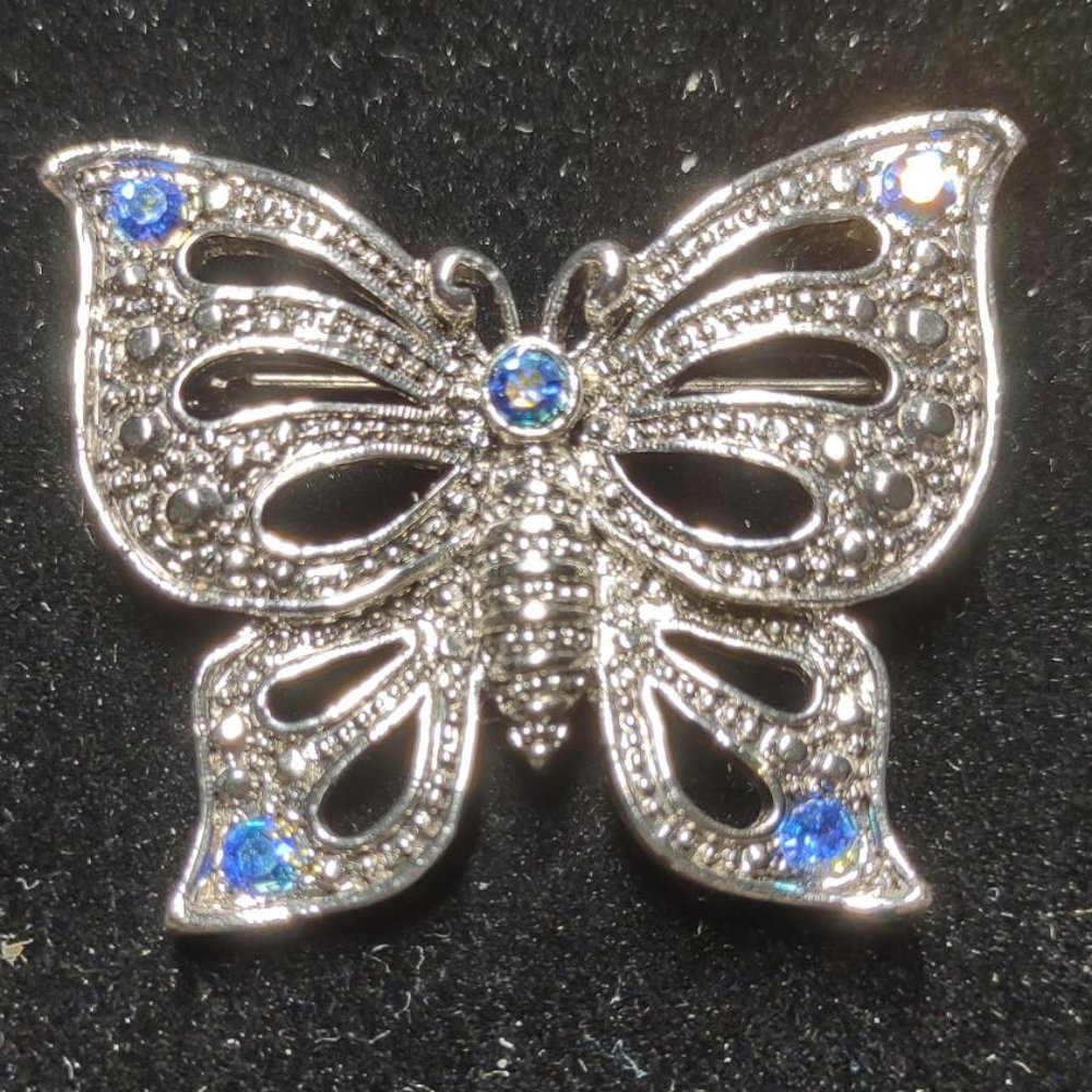 Butterfly Pin with Blue Rainbow Rhinestones
